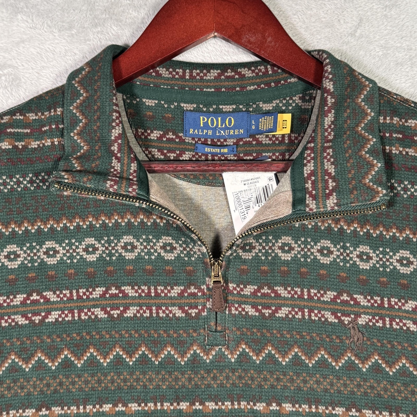 Polo Ralph Lauren Sweater Mens Large Green Estate Rib Fair Isle 1/4 Zip Pullover